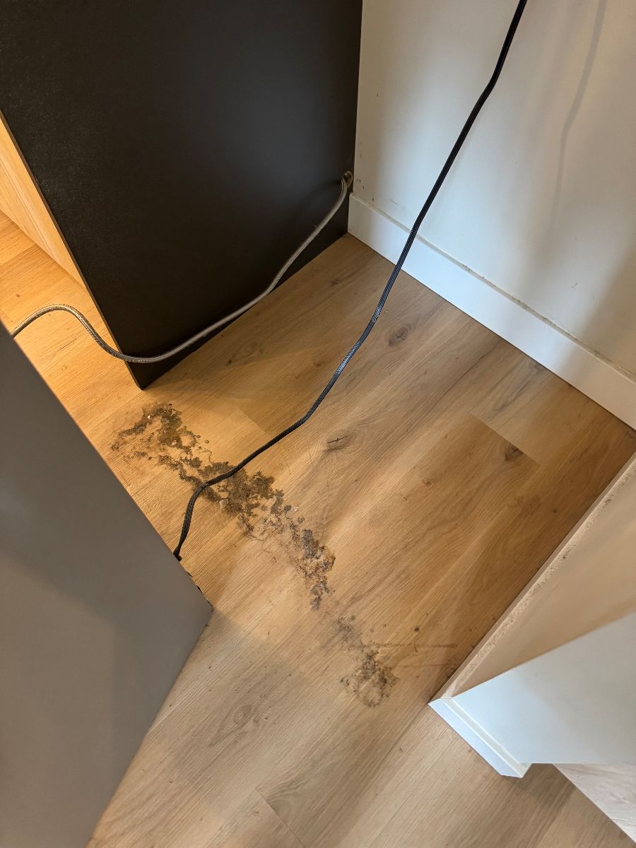 Kitchen floor by the fridge before cleaning